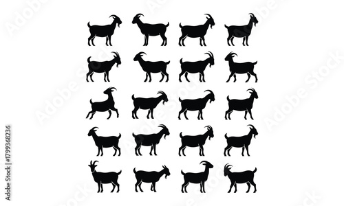 A versatile set of black goat silhouettes featuring a variety of dynamic poses, horn styles, and body shapes. Each goat outline is clean, bold, and well-defined, making this collection ideal for use i