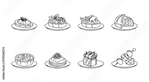 Collection of hand drawn dessert cakes and pastries silhouette