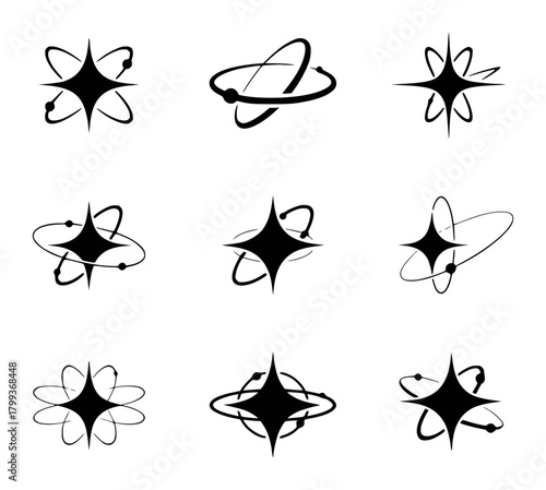 Collection of abstract star and orbital path icons representing science and technology