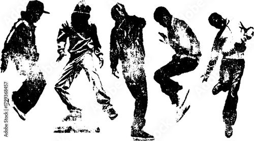 Dance illustration in vintage outline style. Black and white vector artwork showcasing dynamic movement in urban culture.
