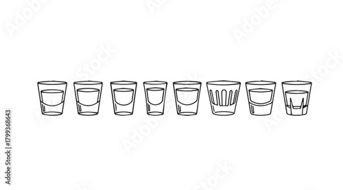 Collection of diverse shot glasses lined up in a row silhouette