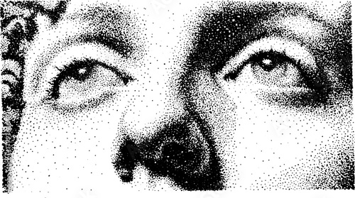 Illustration of eyes and face in high contrast black and white. Detailed vector art with a unique dot style, showcasing modern visual concepts.