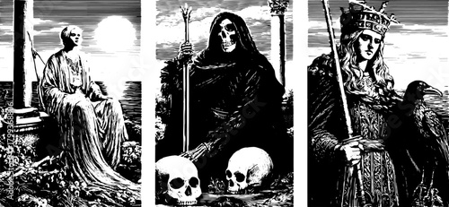 Illustration of a grim figure with a skull and queen. This black and white set features symbolic elements in gothic style, including a vector design.