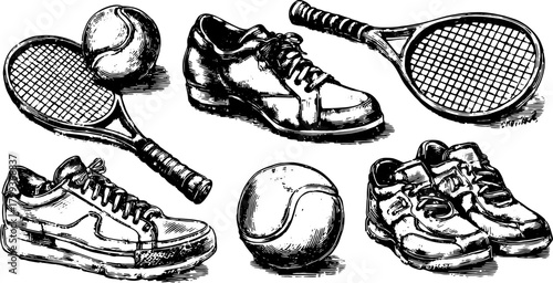 Illustration of tennis shoes and racket in hand-drawn style. An athletic sports vector set including essential equipment and a tennis ball.