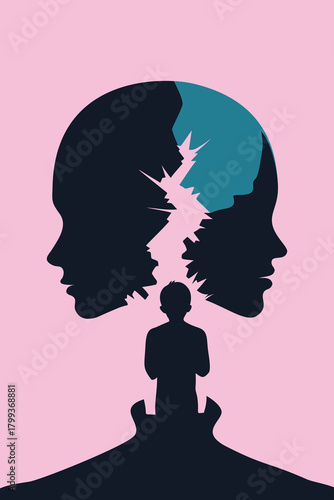 Abstract illustration showing a child standing before two cracked overlapping heads, symbolizing trauma, inner conflict, emotional wounds, psychological struggle, and healing of the inner child.