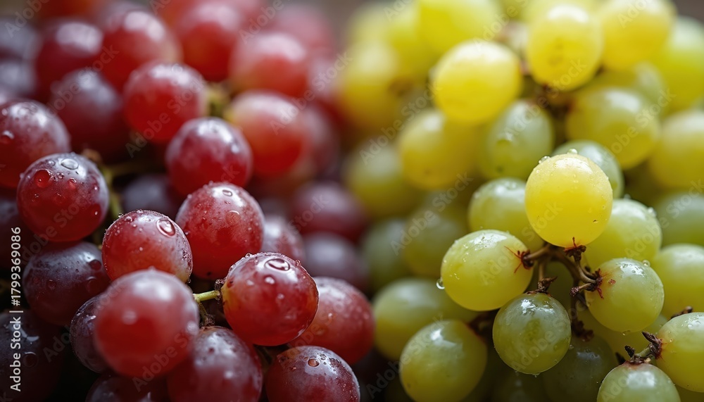 Fototapeta premium Bunches of fresh red and green grapes sit together, glistening with water droplets. These ripe fruits offer a healthy, natural food choice for meals or snacks. Their sweet juicy texture is delightful.