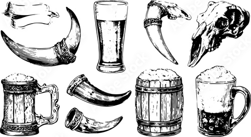 Horn, beer, and mug in vintage style. Hand-drawn vector illustration set featuring traditional drinking vessels and elements related to craft beverages.