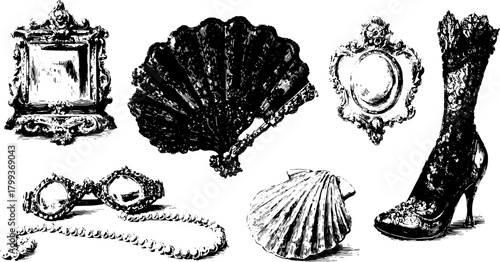 Vintage jewelry set illustration featuring an ornate frame, fan, shoe, glasses, and shells. Detailed black and white vector artwork.