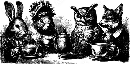 A rabbit, owl, and fox enjoying tea together, illustrated in a vintage style. This charming animal vector illustration depicts an elegant tea-drinking set.