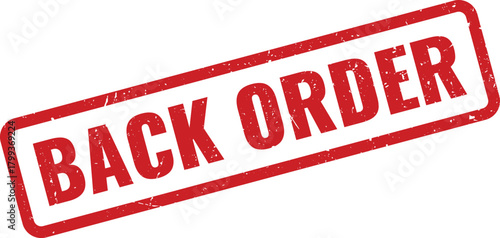 Red distressed rubber stamp graphic displaying BACK ORDER text for product availability status on white