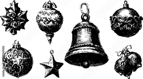 Vintage holiday bell and ornament set. Decorative Christmas vector illustration featuring classic designs and textures for festive decor.