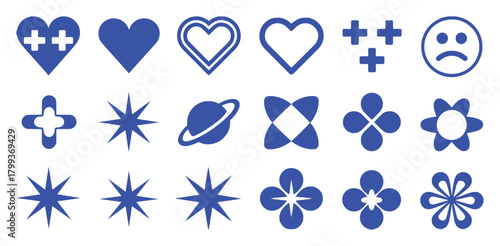Collection of blue abstract icons including hearts, stars, planets, and flowers
