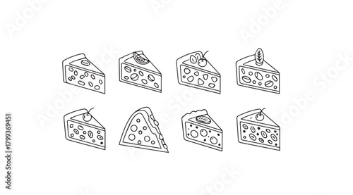 Collection of eight distinct cheese slices in a clean outline silhouette style