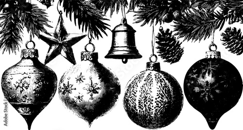 Vintage Christmas ornaments and decor. Black and white vector illustration featuring a star, bell, and pine in a decorative set.
