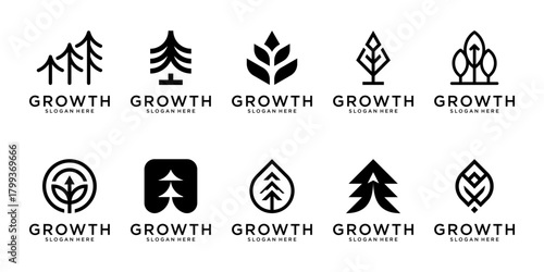Set of financial growth with up arrow or pine tree logo design inspiration. Geometric abstract logo icon vector isolated on white background.