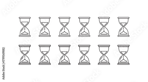 A row of ten classic hourglass silhouettes showing the passage of time silhouette