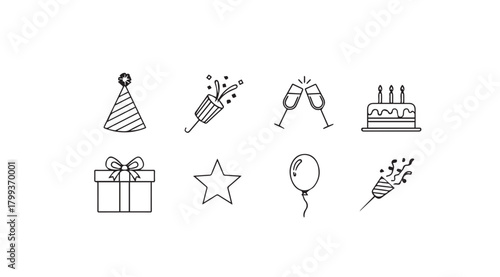 Collection of hand drawn birthday celebration icons in silhouette