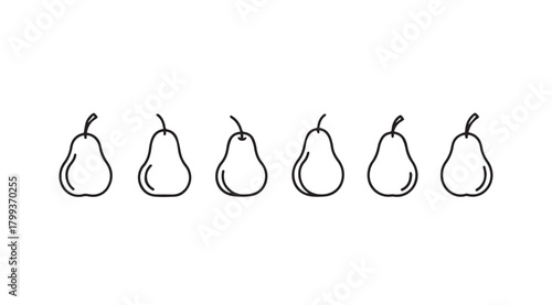 A row of six hand drawn pear silhouettes against a white background silhouette