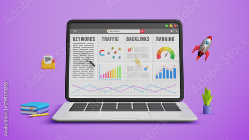 SEO analytics report, Keyword Ranking, SEO Content Performance, Organic Growth and Strong Search Performance concept. Monitoring Website Ranking on 3D Laptop