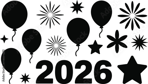 Black silhouettes of balloons stars and fireworks with the year two thousand twenty six displayed