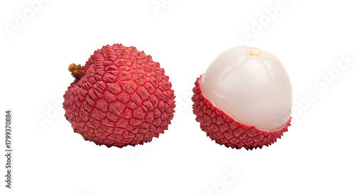 Two lychee fruits one peeled isolated on transparent background