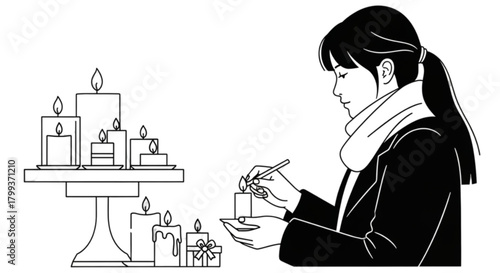 Black and white line art illustration of a woman lighting a candle.