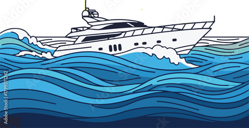 Modern Vector Illustration White Yacht Sailing Wavy Blue Ocean