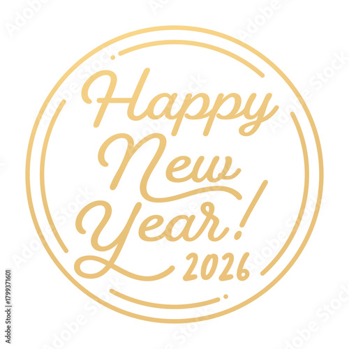 丸にHappy New Year 2026の金色の文字 - 2026年の英語の賀詞のロゴ風の装飾素材