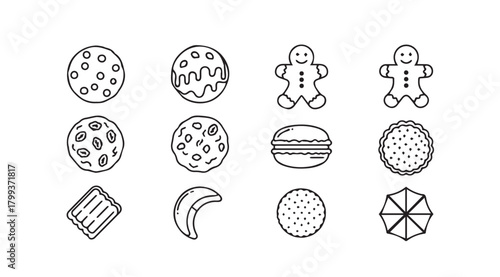 Collection of hand drawn cookie and pastry silhouettes in a grid layout