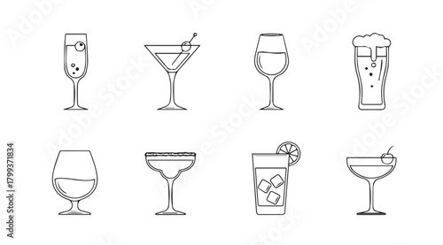 Collection of eight different cocktail and drink glasses in a hand drawn silhouette style