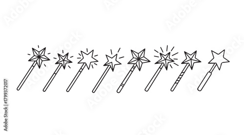 A line of seven star shaped magic wands silhouette