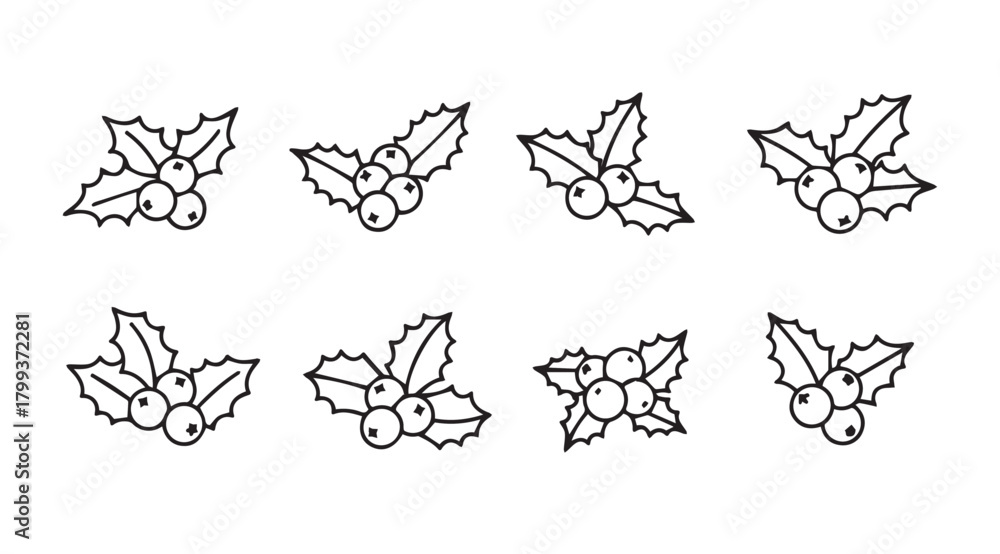 Fototapeta premium Collection of eight hand drawn holly leaf and berry clusters silhouette