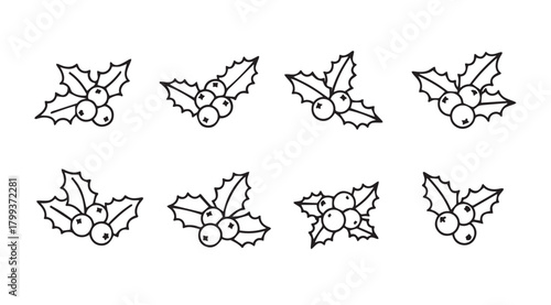 Collection of eight hand drawn holly leaf and berry clusters silhouette