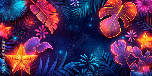 Neon Tropical Night Patterns with Palm Leaves and Stars
