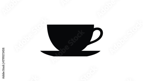 Coffee cup silhouette on a saucer simple black icon for cafe or restaurant menu design isolated on white background