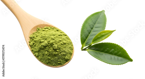 Green tea powder on wooden spoon and fresh leaves isolated on transparent background