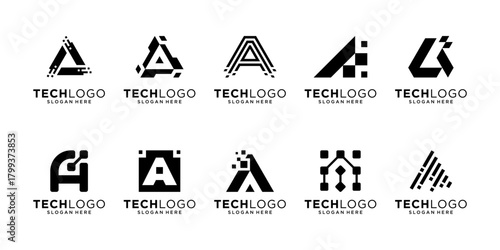 Set of letter A technology logo design. Initial A isolated on white. Geometric abstract logo icon vector.