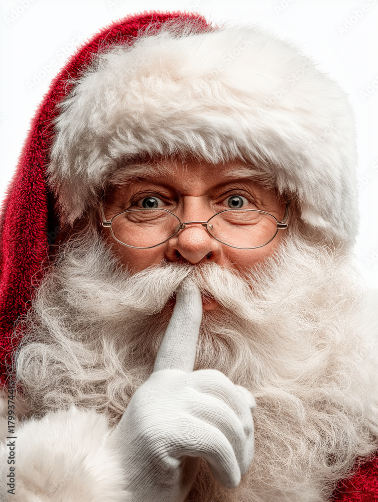 Obraz premium Santa Claus portrait with finger on lips wearing white gloves, glasses, and hat, smiling with cheerful expression, isolated on pure white background, festive holiday concept with detailed features.