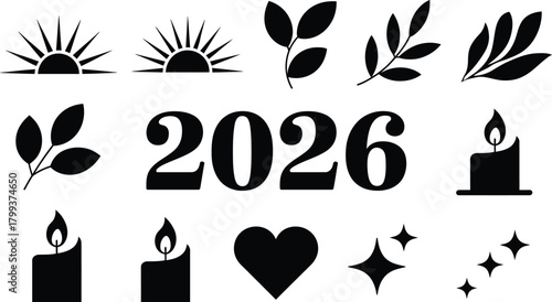 A collection of black silhouette icons including suns leaves the year 2026 candles hearts and stars