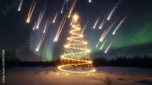 Glowing Christmas Tree and Meteor Shower Under Aurora Borealis in Snowy Landscape lights
