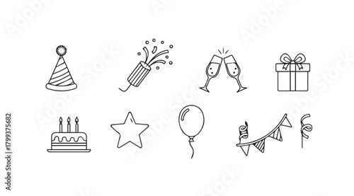 Collection of hand drawn birthday party celebration icons in a simple silhouette style