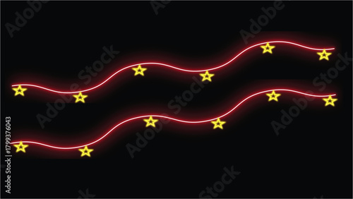Glowing Stars on Red Neon Wavy Lines Background