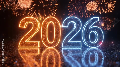 Glowing Neon Numbers 2026 In Orange And Blue With Fireworks And Bokeh Lights new year celebration