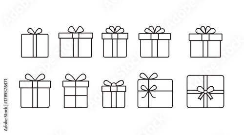 Collection of ten different sized gift boxes with ribbons silhouette