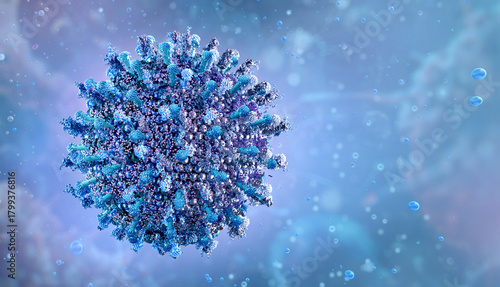 Tick-borne Crimean-Congo hemorrhagic fever virus (CCHFV), in a fluid. Orthonairovirus viral surface texture, molecular structure, zoonotic infection transmission via Hyalomma ticks. Nairovirus 3D