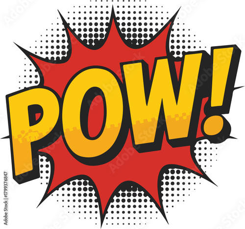 'Comic book style vector explosion speech bubble with POW text and halftone dots for impact'