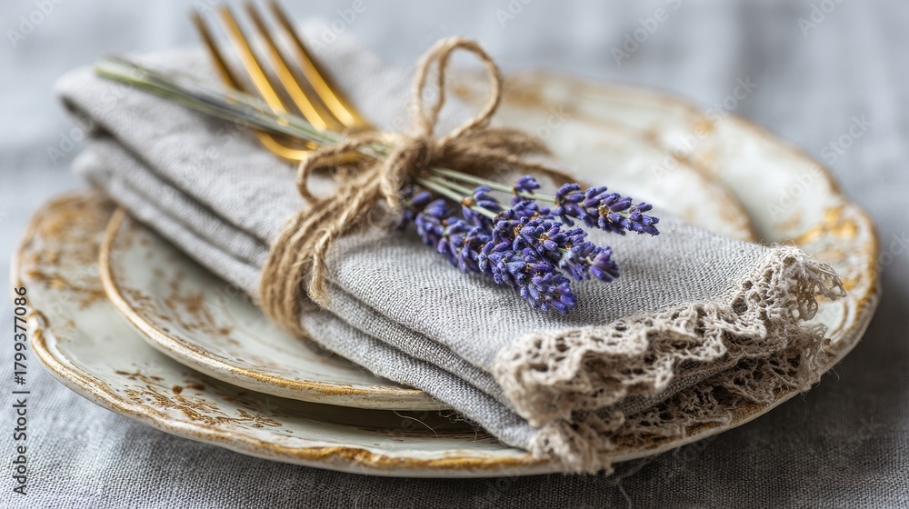 Obraz premium Elegant Table Setting With Vintage Plates, Linen Napkin, And Lavender. Rustic Charm For Special Dining Occasions