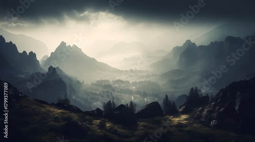 Serene mountain landscape shrouded in mist, revealing a moody ethereal scenery