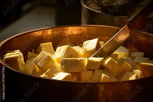 Diced butter melting in copper pot with spatula