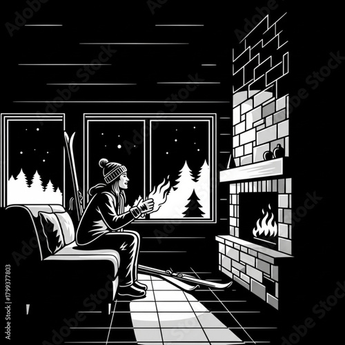Black and white illustration of a person relaxing by a fireplace after skiing.